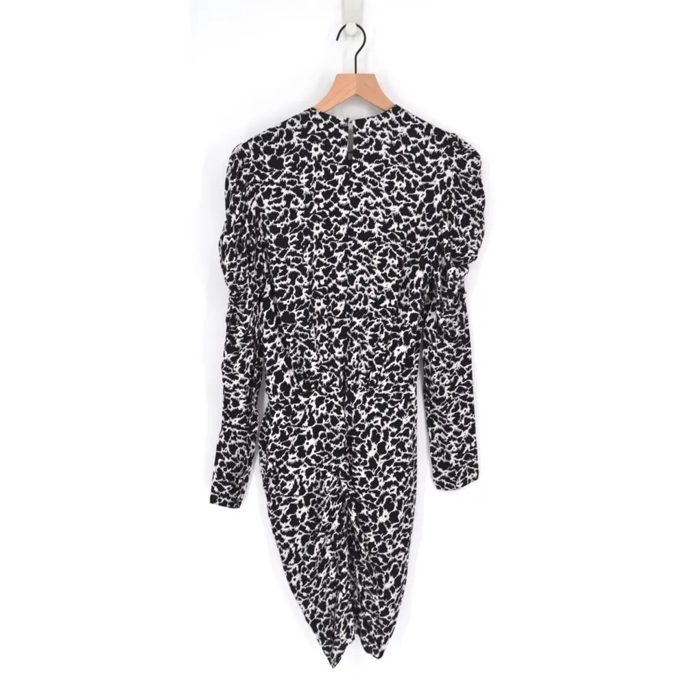 Isabel Marant Etoile Selwyn Ruched Printed Mini Dress Long Sleeve Black White 34 - Image 4