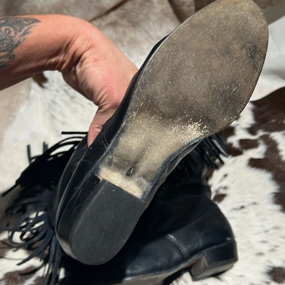 Vintage Black Real Leather Fringe Cowboy Boots Festival Rave Burning Man A21 Size 7 - Image 11