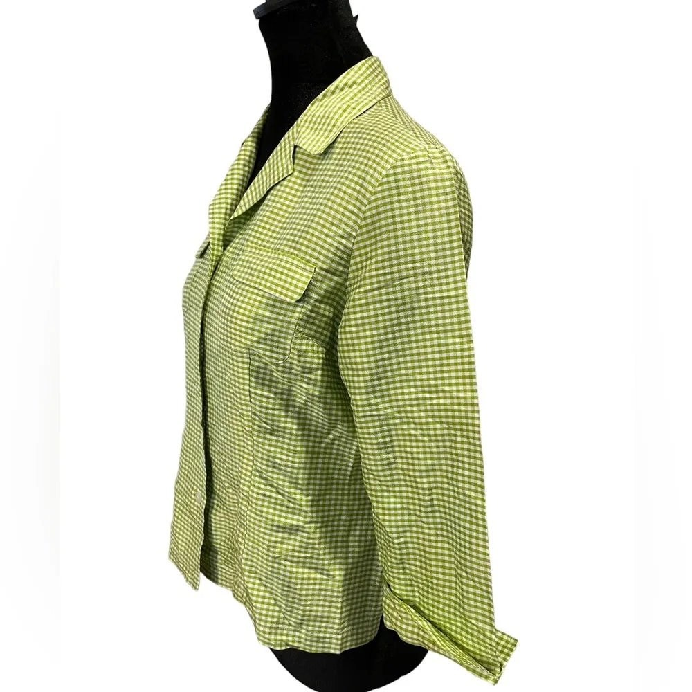 Nouveaux Vintage Silk Bright Green White Checkered Picnic Button Up Classic Top Size 6P - Image 2