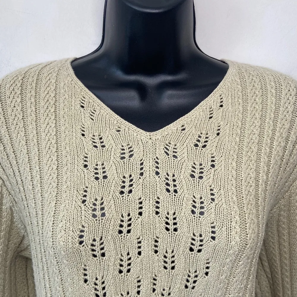 Pendleton Tan Cream Cable Knit V Neck Sweater Shirt Size Large Vintage - Image 2
