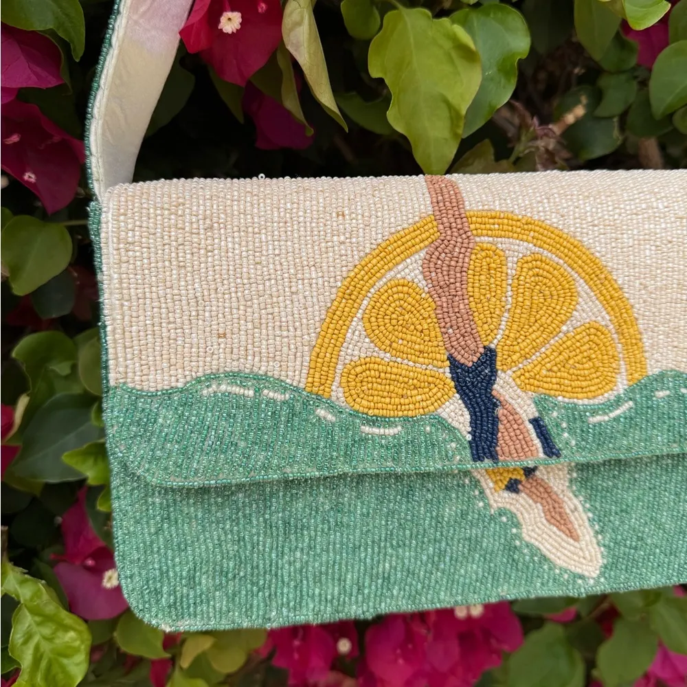 NWT Diver Swimmer Lemon Sun Design Beaded Shoulder Bag Staud Tommy Handcrafted Green - Image 3