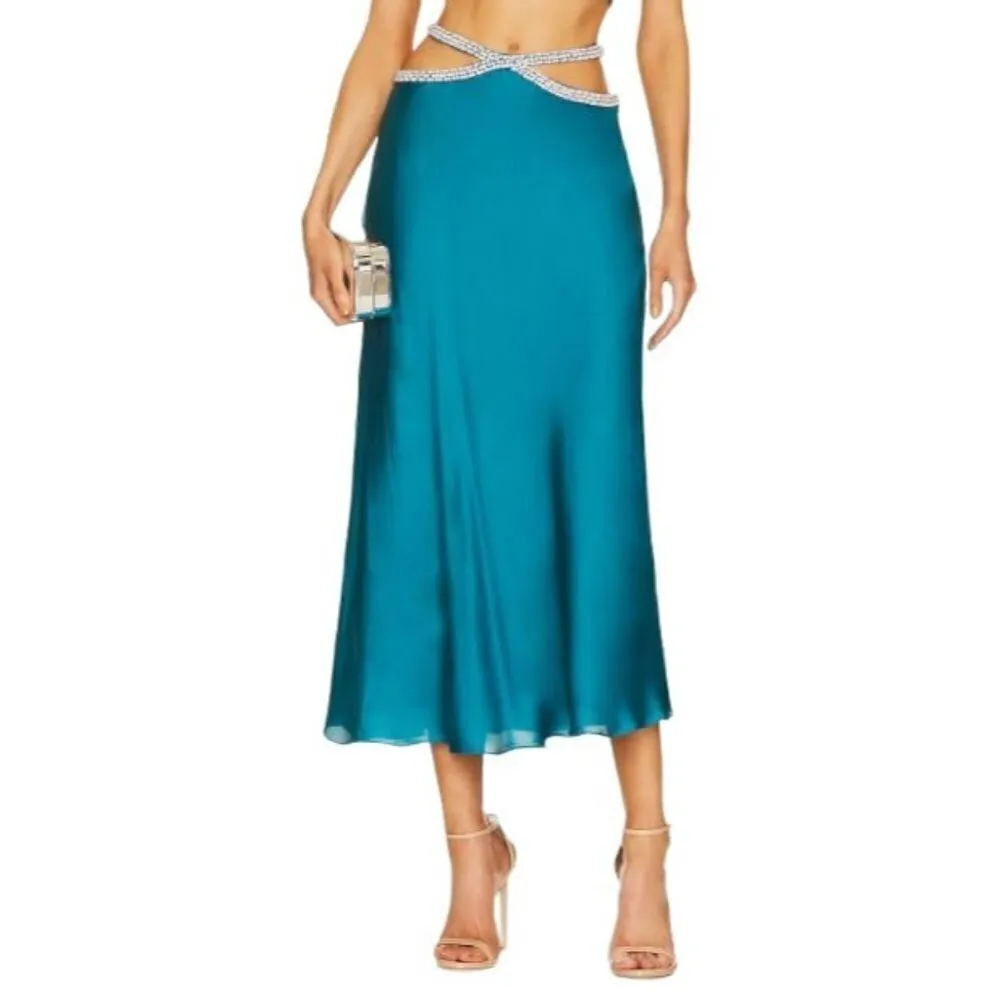 Yaura Fife Satin Crystal Waist Cut out Skirt in Blue XSmall New Womens Midi Size XS - Image 11