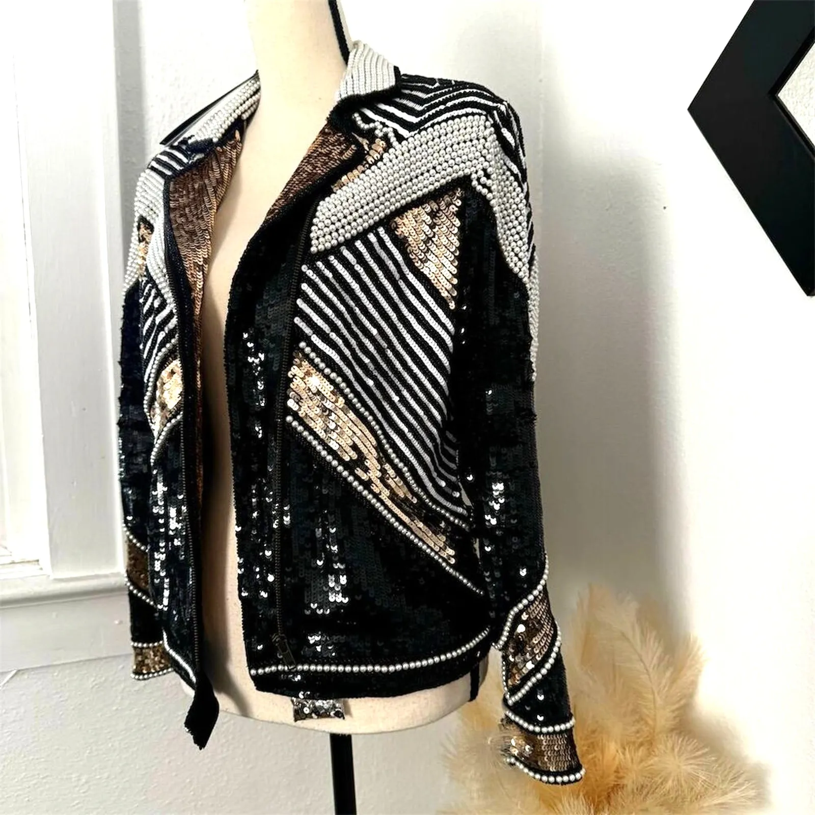 NWT SETA Women M Black Fully Beaded Sequin Moto Jacket Biker Glam Party Coat Size M - Image 7