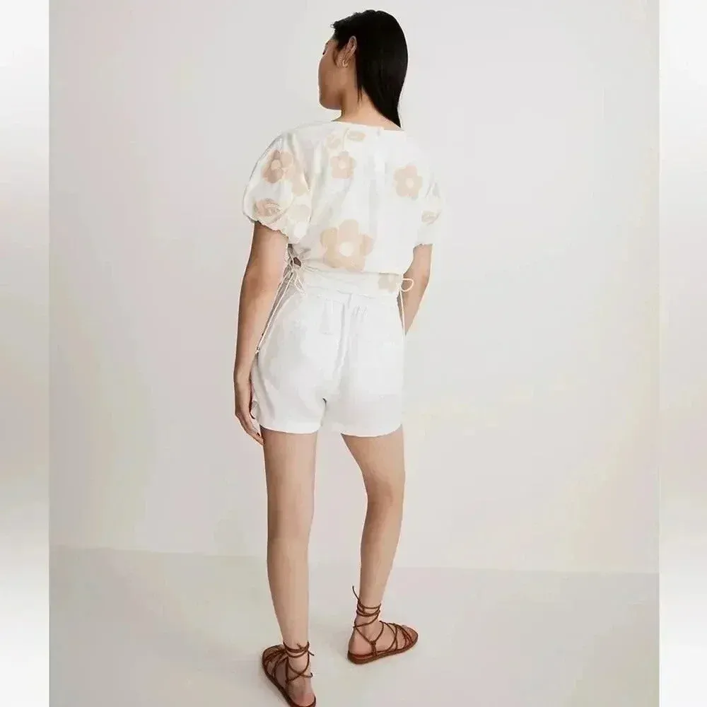 Madewell Embroidered Poplin Puff Sleeve Cutout Crop Top White Floral XS NWT - Image 3