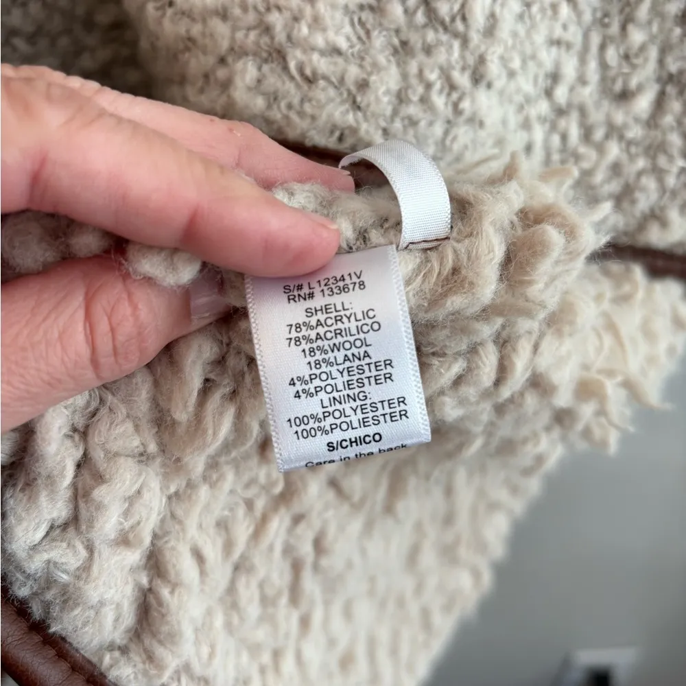 Love Tree Women's Acrylic Wool Faux Leather Trim Cream Sherpa Boho Vest Small - Image 5