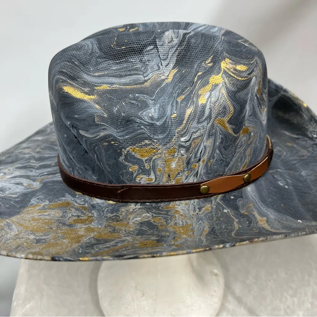 Distressed marble gold glazed Cowboy Hat w/Brown Leather Star concho Band unisex Blue Size M - Image 11