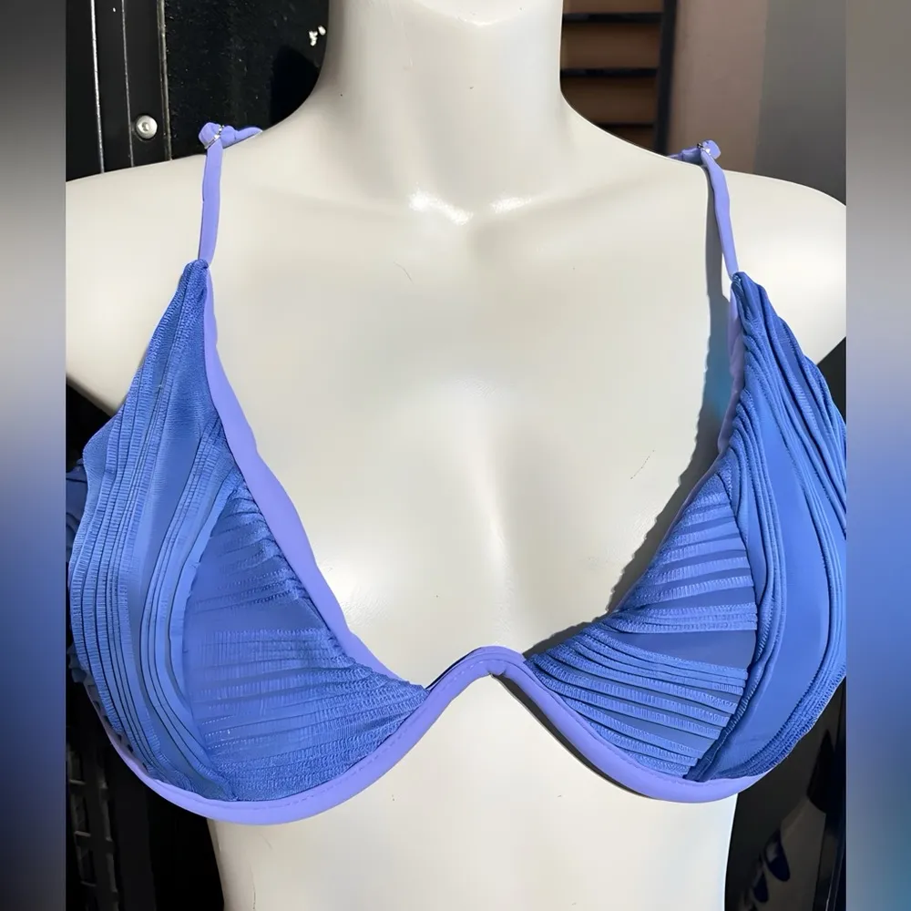 MIZAFUL Women's Bikini Ribbed Blue Underwire Top Side Ties Thong Swimwear SIZE:6 - Image 6