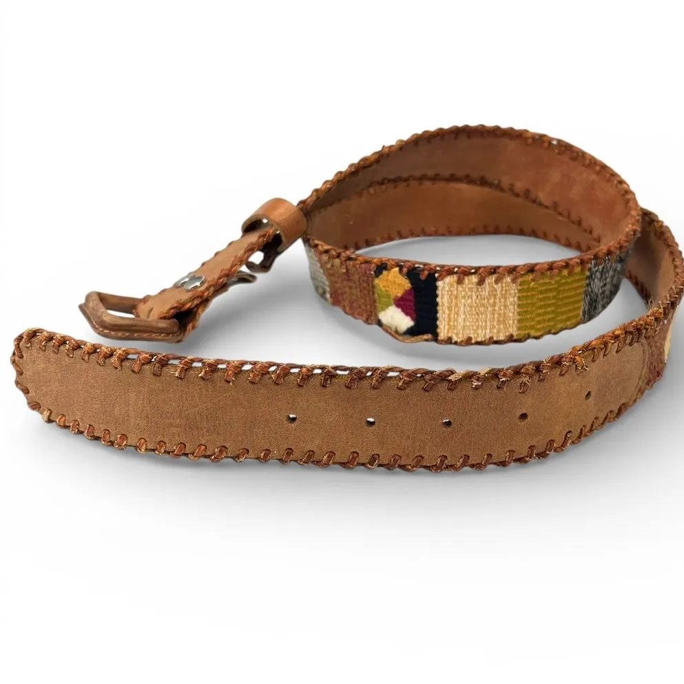 Vintage Lucky Brand L brown leather belt woven textile inlay Patch embroidered - Image 4