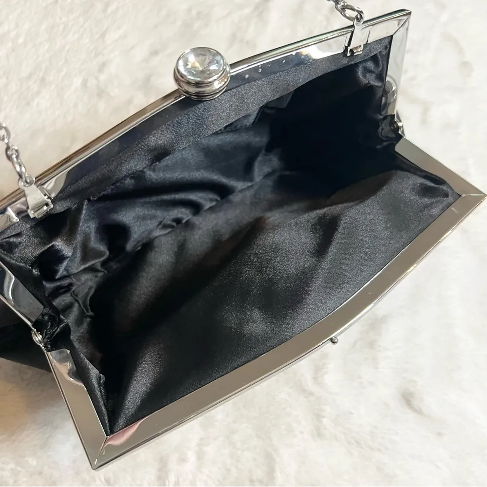 Kate Landry Black Satin Rosette Evening Bag Clutch with Chain Strap & Rhinestone - Image 14