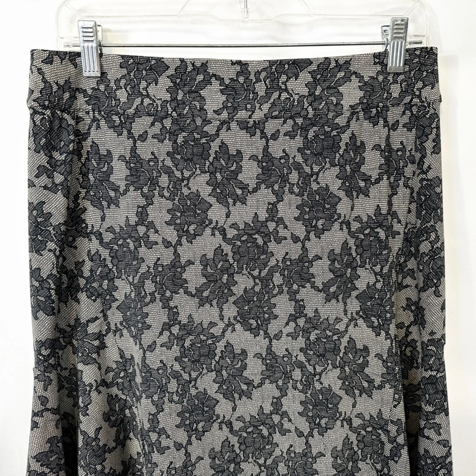 Michael Kors Sz 10 Midi Skirt Trumpet Black Gray Lace Print Flare Whimsigoth 195 - Image 5