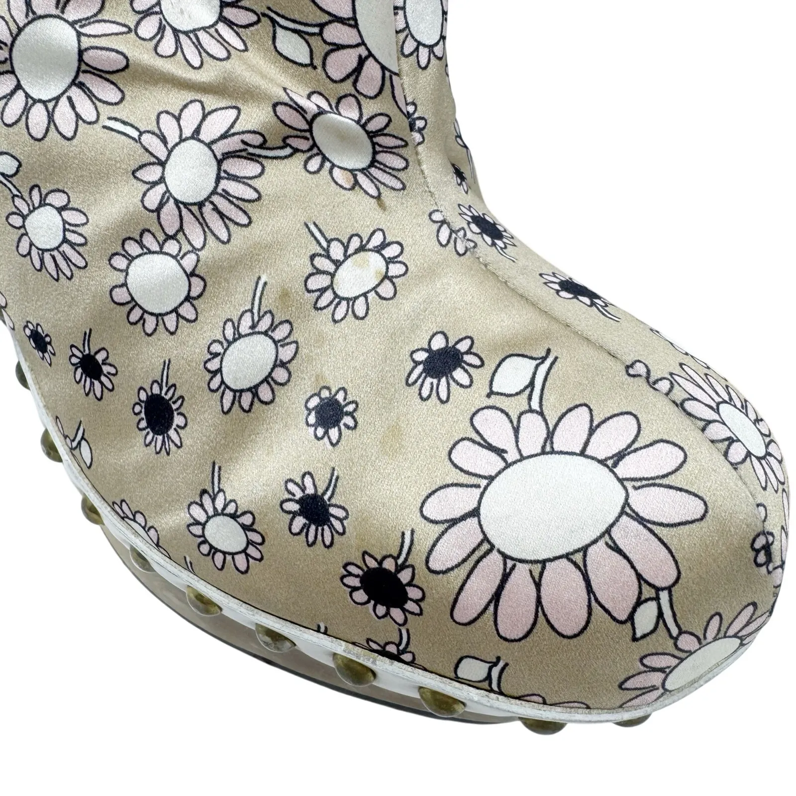 Miu Miu Daisy Floral Platform Clogs Wood Heel Satin Studded Mules Size EU 37.5 - Image 4