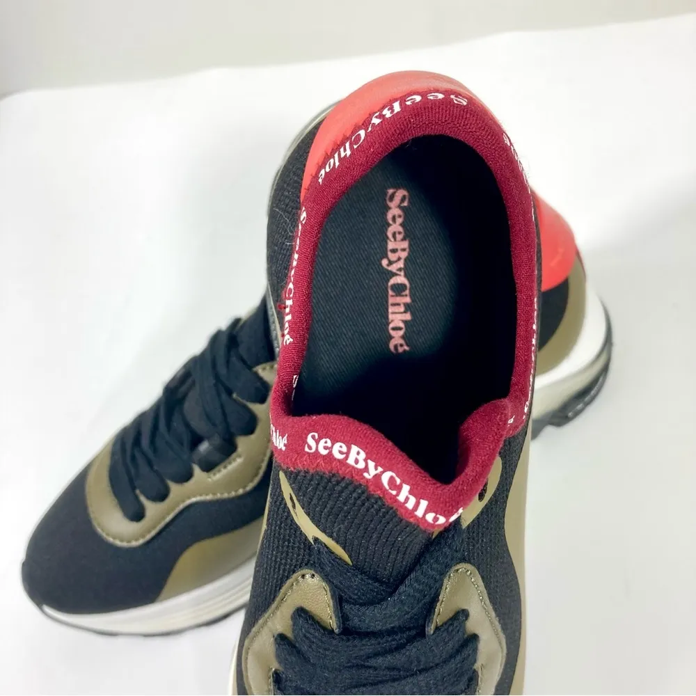 See by Chloe Brett Knitted Low Top Sneakers Black Green 37 NEW - Image 11