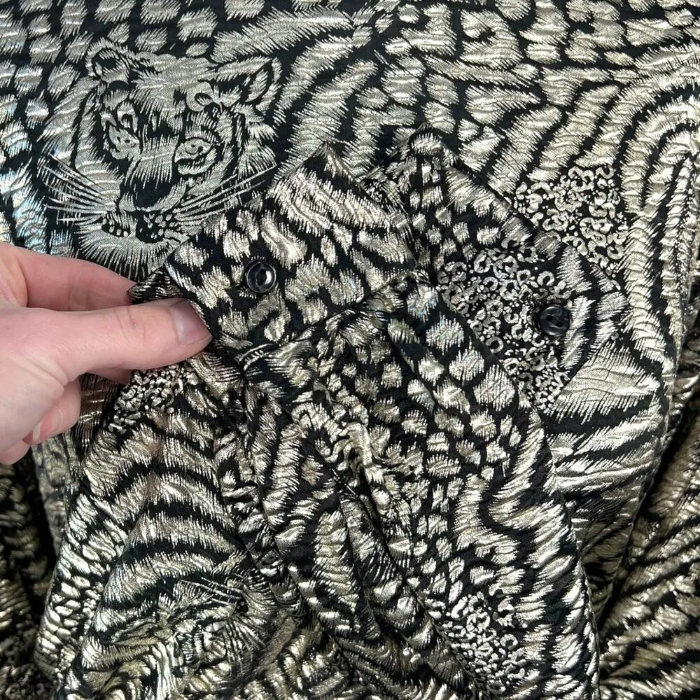 Vintage Metallic Animal Print Blouse Black Gold Long Sleeve Medium - Image 9