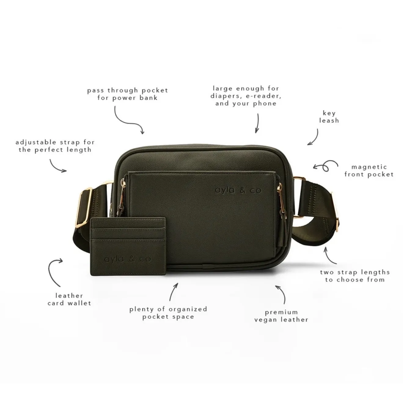 AYLA & CO | The Fanny + Card Wallet Set Pack Belt Bag Metal Buckle | Olive Green - Image 13