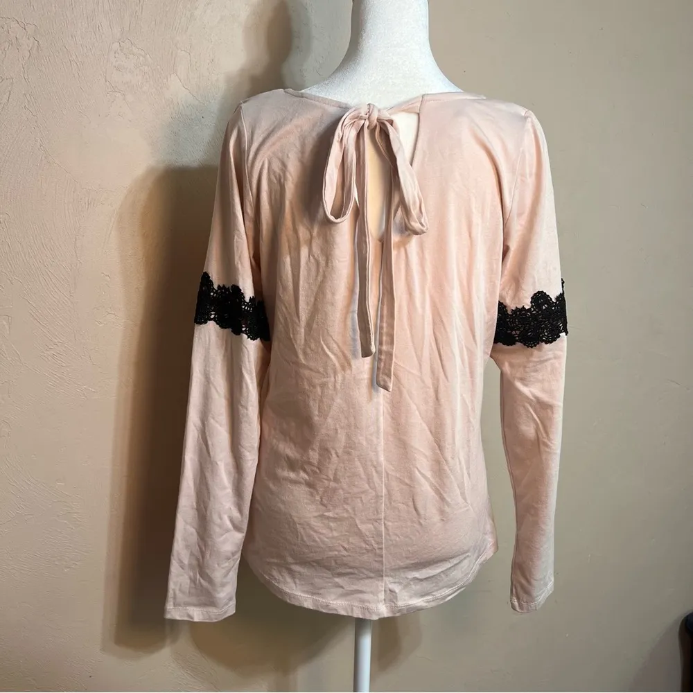 Women’s Long-sleeve Pink Blouse Jersey Style, Black Lace Size Small - Image 2