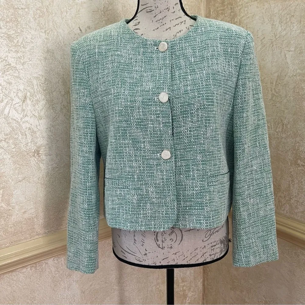 ZARA New Luxury Preppy Green Long Sleeves Round Neck Textured Crop Blazer Sz XL - Image 6