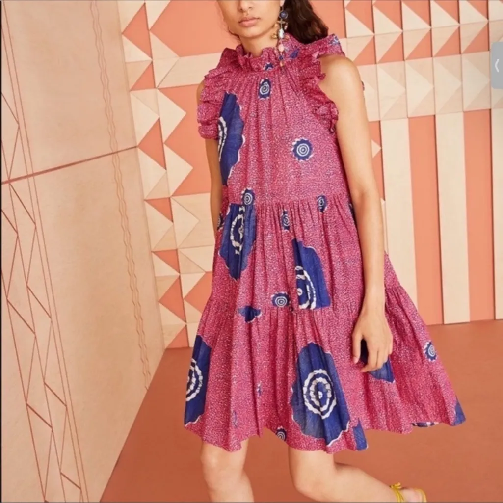 ULLA JOHNSON Tamsin Tiered Sleeveless Printed Hi-Low Dress Size 6 Pink and Blue - Image 5