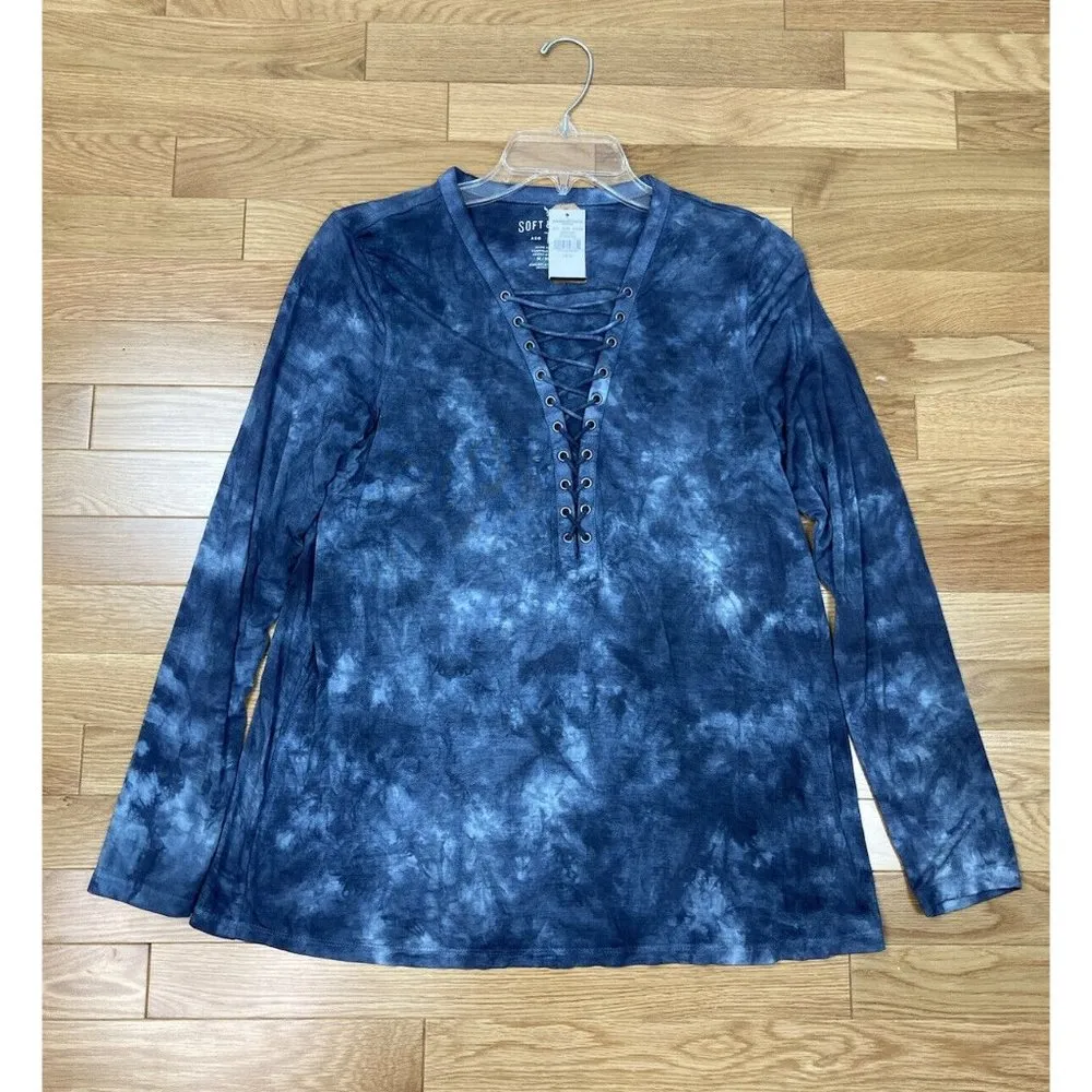 AEO American Eagle Outfitters Soft & Sexy Tie Dye Lace Front Top Womens M Blue - Image 2