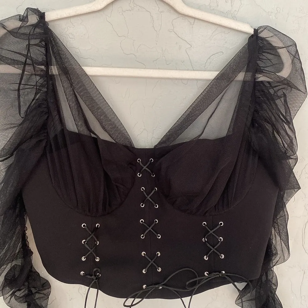 NWT Cup of Stars Black Corset Bustier Sheer Long Sleeve Crop Top Large Grunge - Image 9