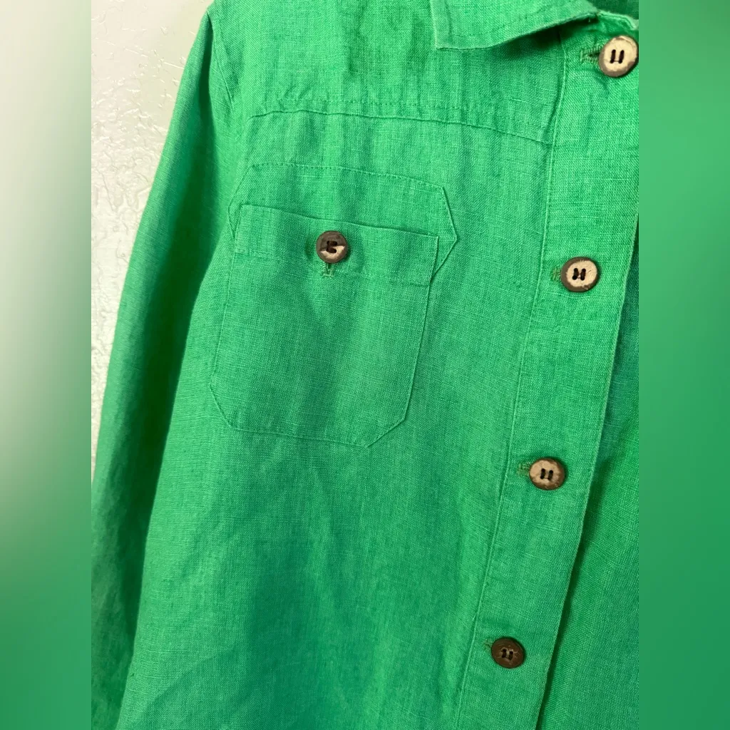 Chicos 100% Linen Button Down Shirt Jacket Sz 2 US L Kelly Green Long Sleeve - Image 6