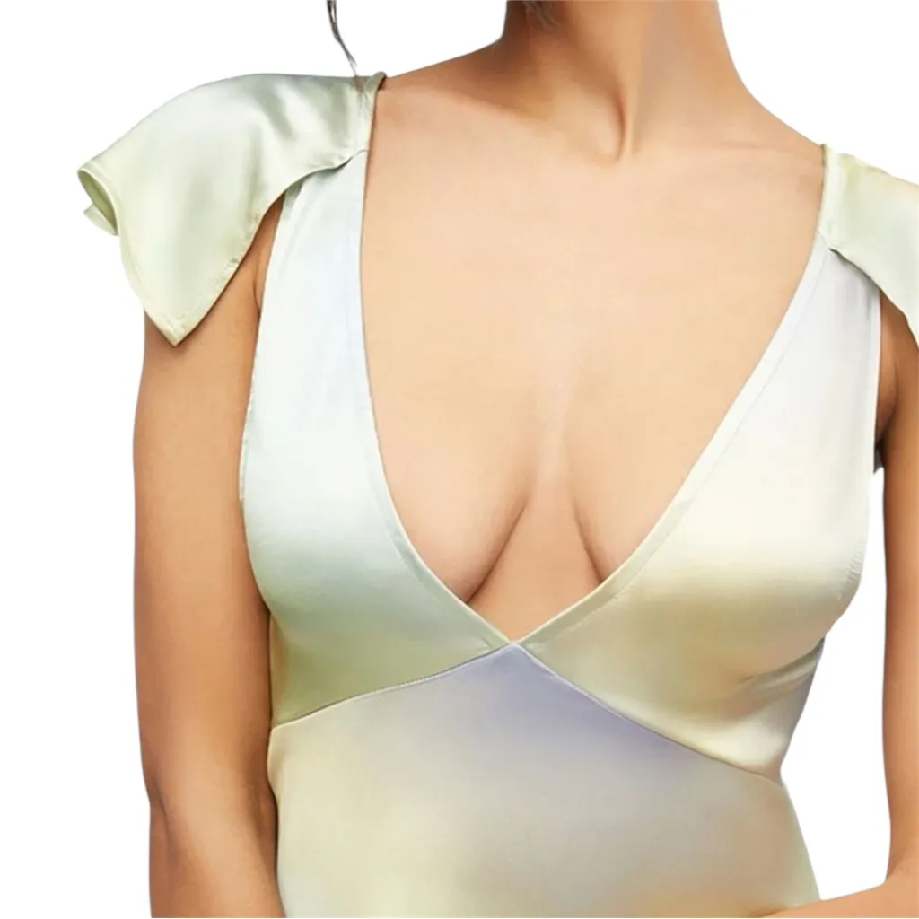 WeWoreWhat Green and Yellow‎ Watercolor Lace Midi Slip Dress Flutter Sleeve Gown - Image 5