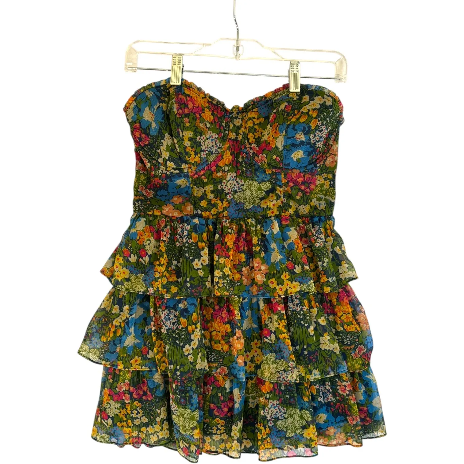 Abercrombie Fitch Floral Strapless Ruffle Mini Dress L Boho Cottagecore Coquette - Image 2