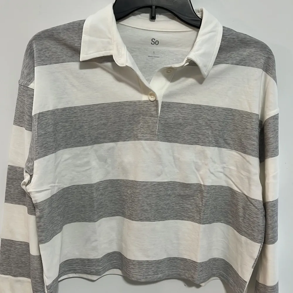 So Long Sleeve Crop Top with Collar Grey and White Striped Size Small - Image 2