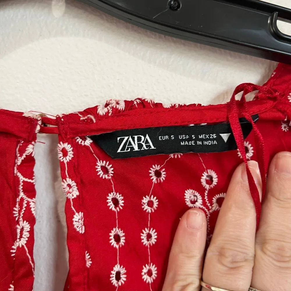 Zara Red Dress with Eyelet Embroidery Midi Length Size Small - Image 5