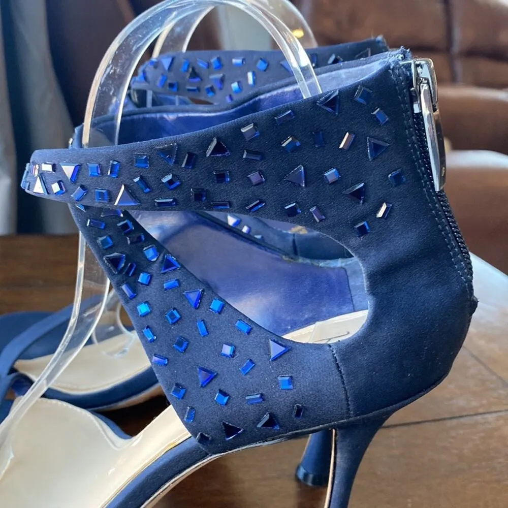 Vince Camuto Imagine navy blue bedazzled zip back heels wedding quinceañera sz 9 - Image 9
