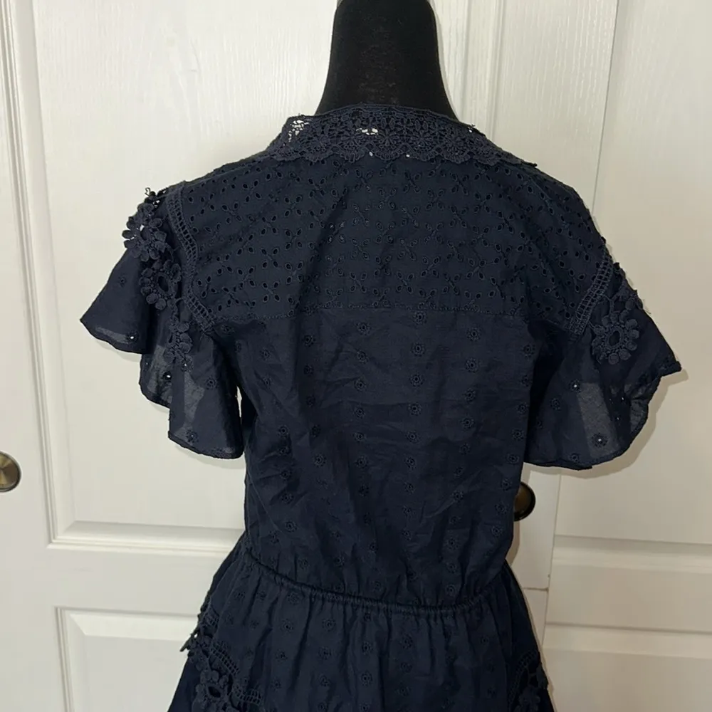 CHELSEA + VIOLET NAVY EYELET V NECK BOHO COUNTRY DRESS LAYER RUFFLE - Image 3