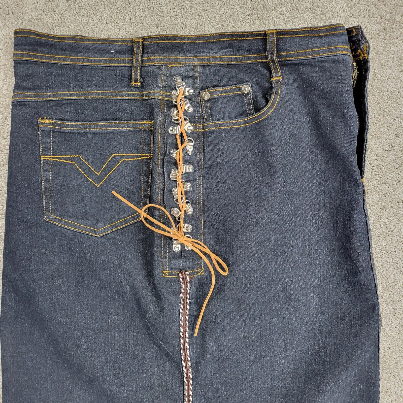 VTG‎ Guess Denim Maxi Skirt Womens M Blue Dark Wash Woven Eyelet Sides Slit Y2K - Image 6