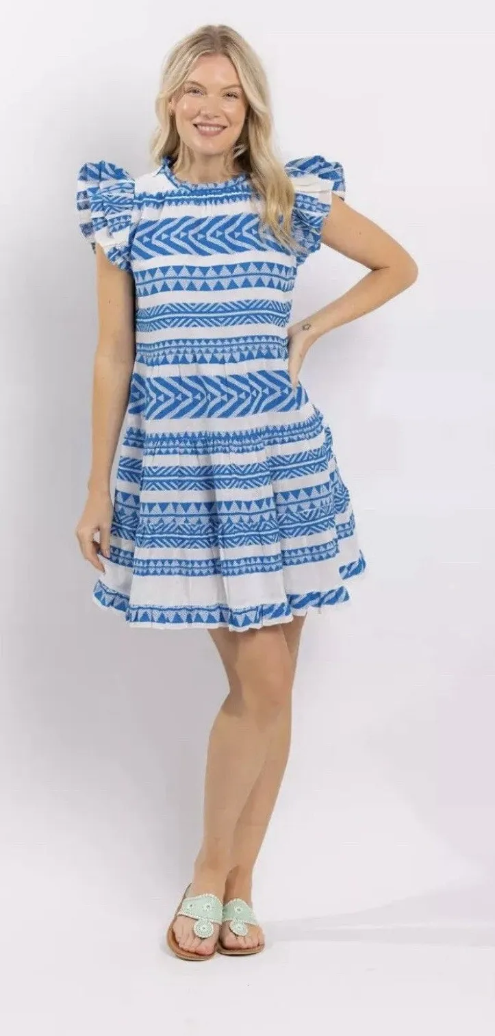 SAIL to SABLE Geo Stripe Ruffle Neck Dress 100% Cotton Blue White Size XS EUC - Image 1