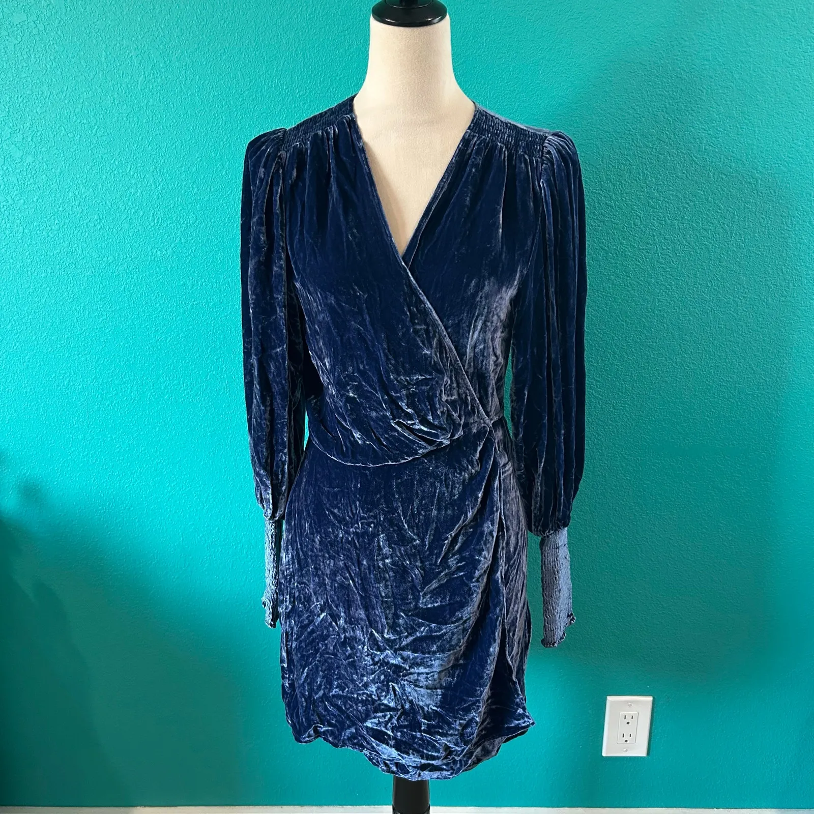 Reformation Blue Velvet Boheme Mini Wrap Dress Soft Luxury Party Womens Size S - Image 3