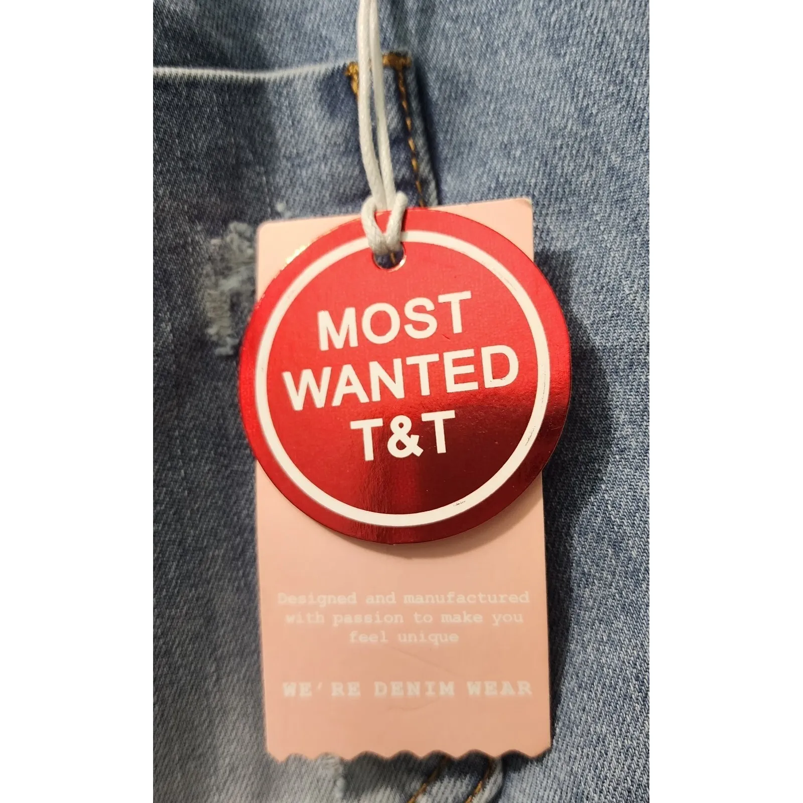 Top Trends Denim Flare Jeans Distressed Frayed Hem Button Fly Light Wash 32 Blue Size 42 - Image 5