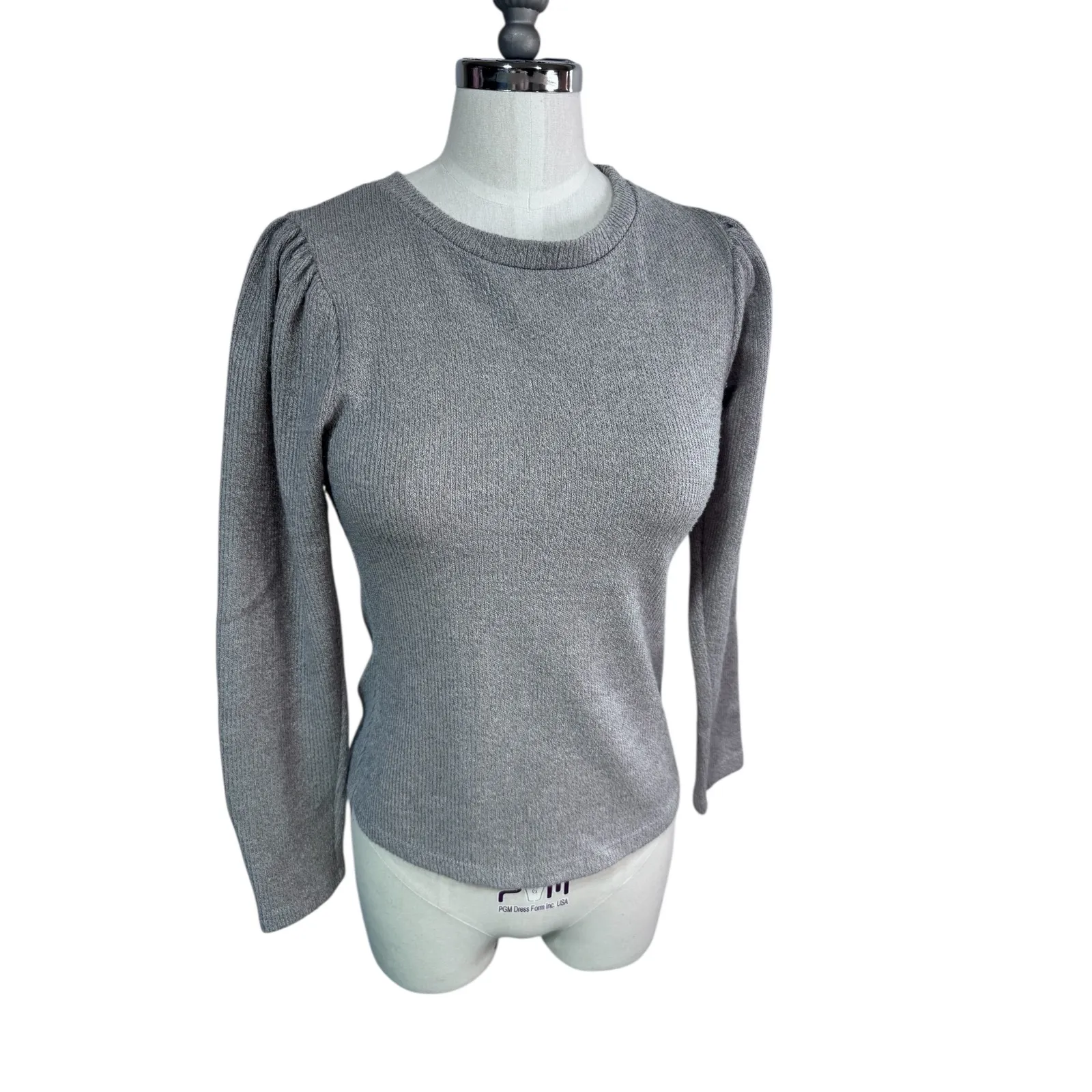 LUSH Gray Ribbed Knit Puff Sleeve Crew‎ Neck Top Women's Size S - Image 2