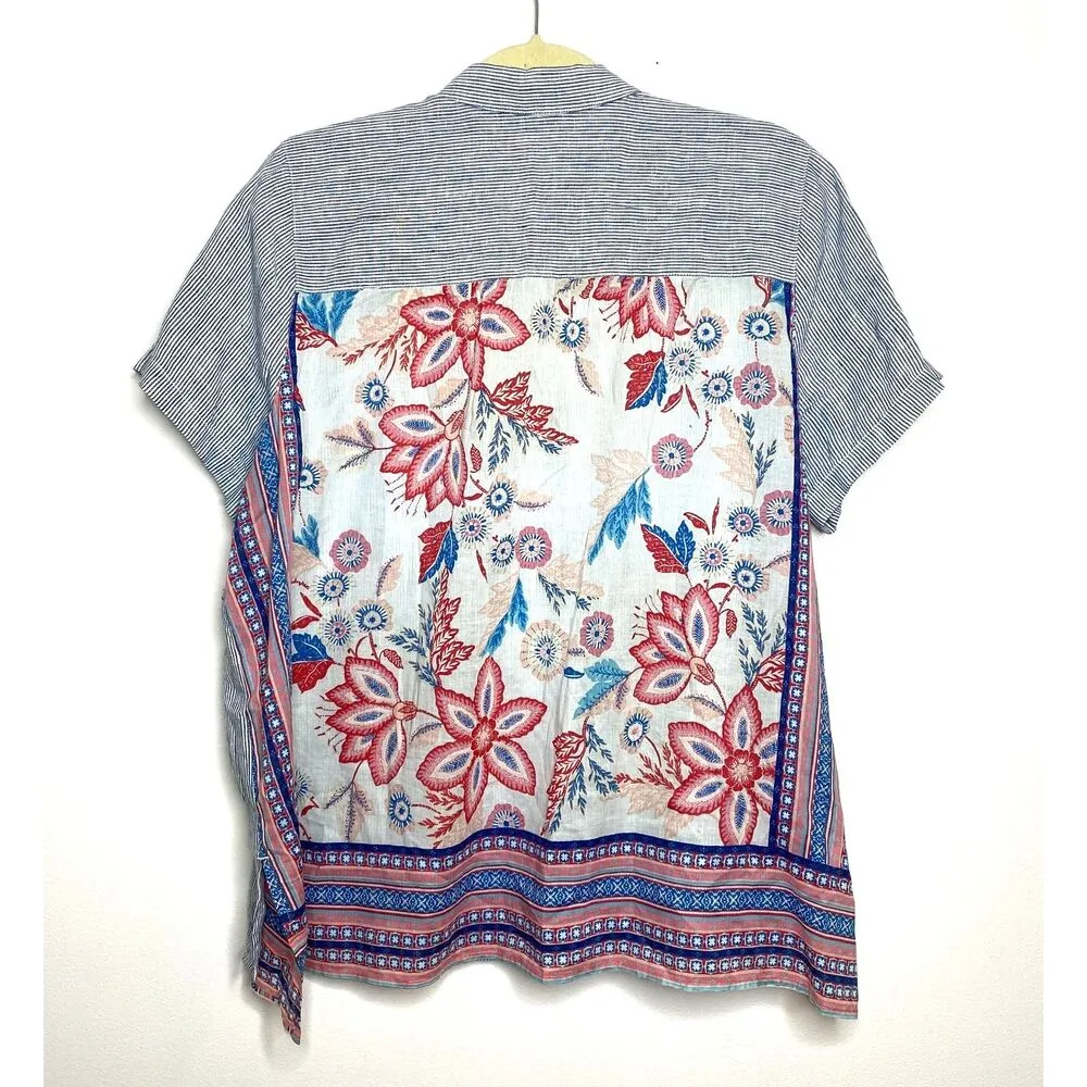J Jill Linen Blue White Striped Short Cap Sleeve Button Down Floral Back Top LP Size undefined - Image 4