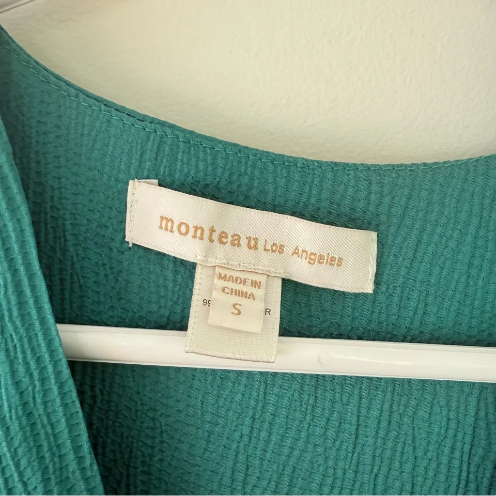 Monteau Green Faux Wrap Blouse Size S V-Neck Smocked Hem - Image 3