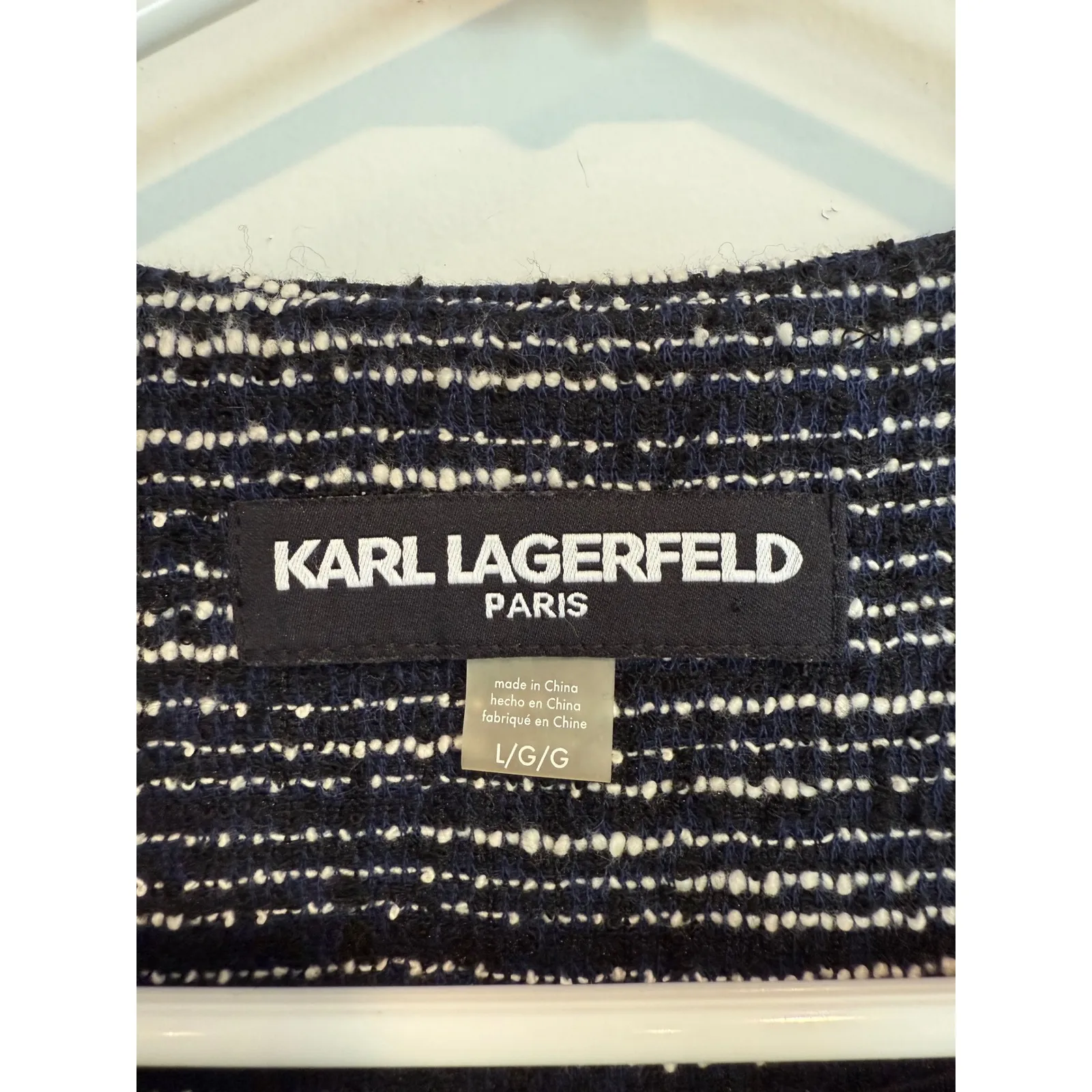 Karl Lagerfeld Paris Black White Tweed‎ Open Front Blazer Jacket Large Elegant - Image 7