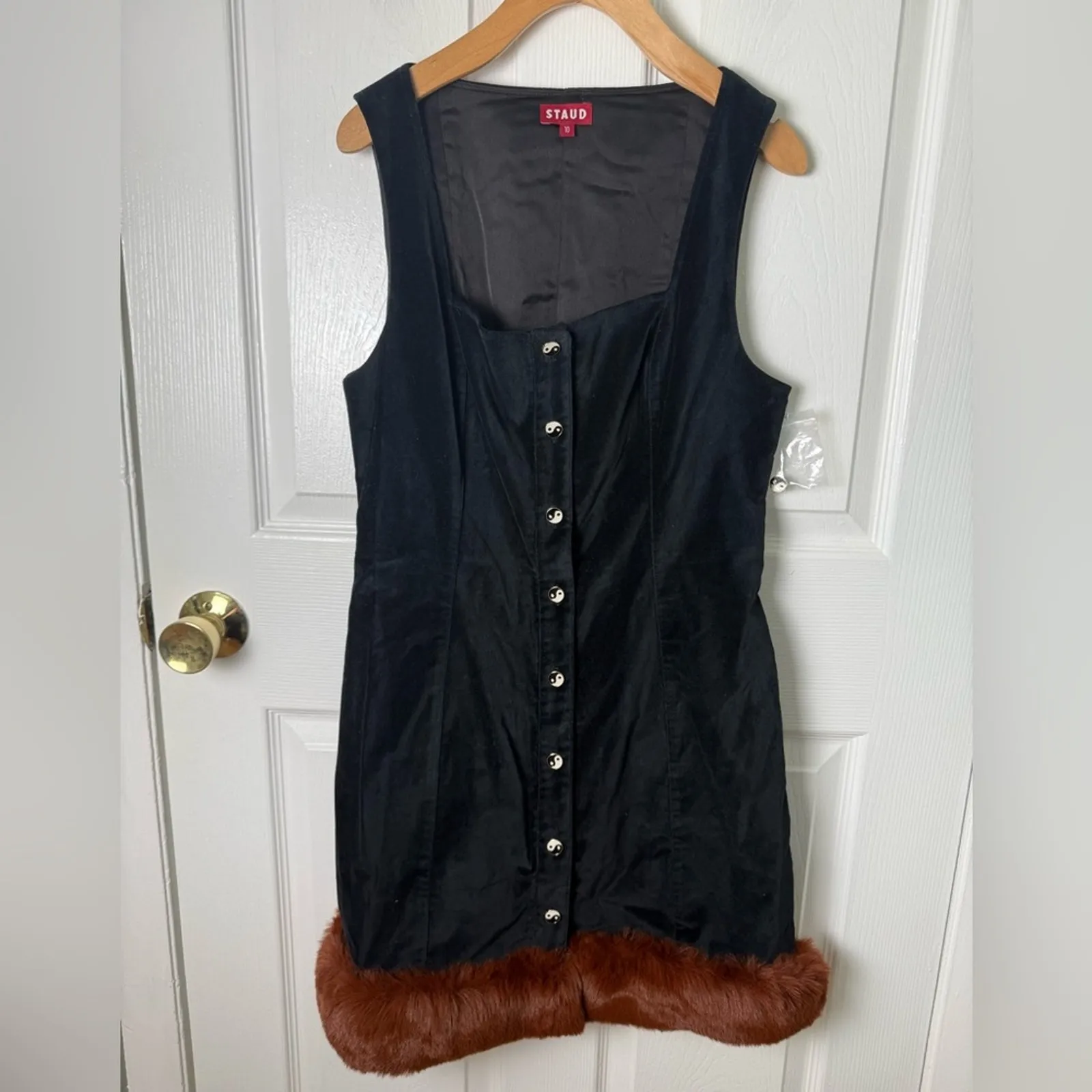 Staud Black Velvet Fur Trim Yin Yang Mini Dress 10 - Image 3