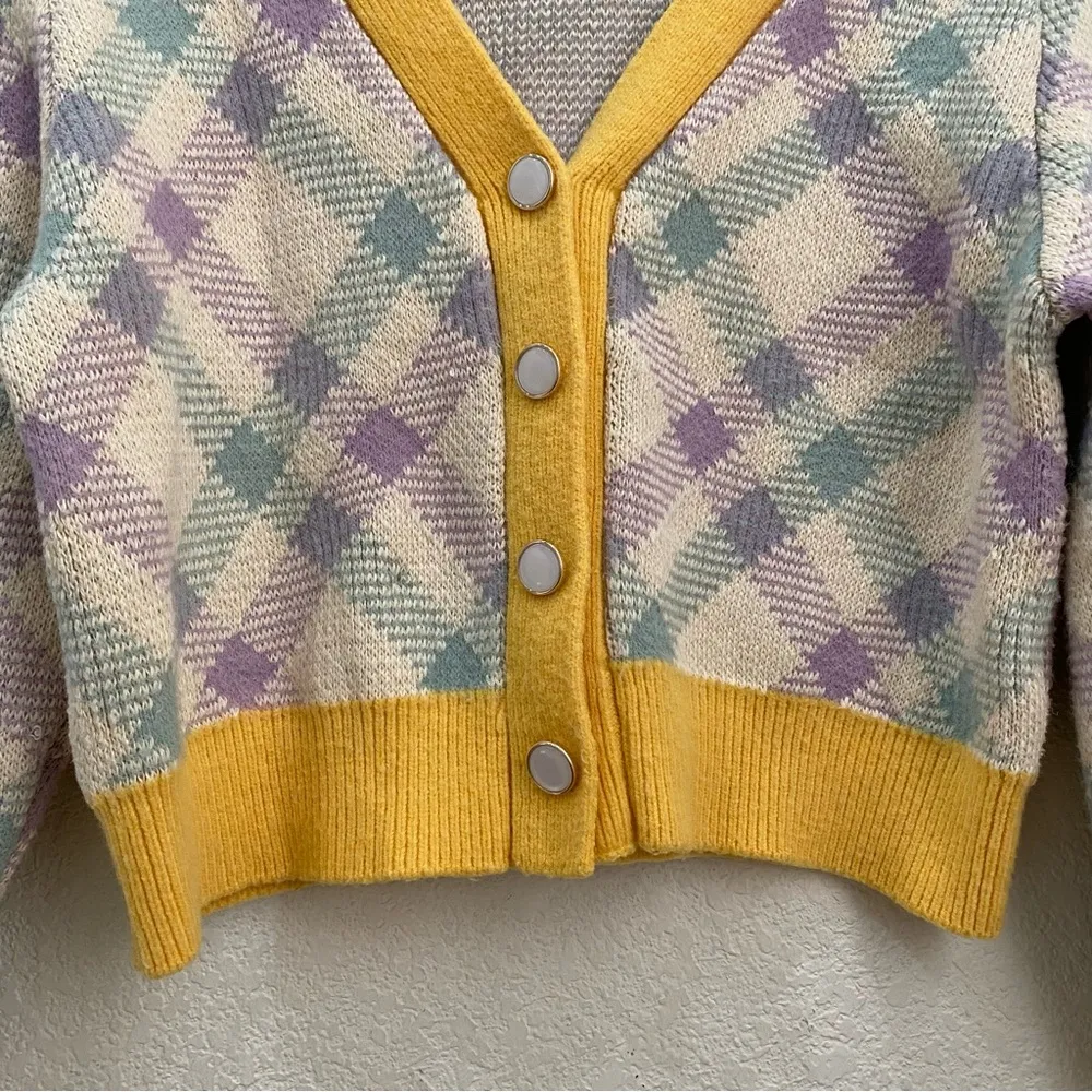 Checkered Plaid Yellow/Purple V Neck Knit Cropped Cardigan Sweater Yellow - Image 9