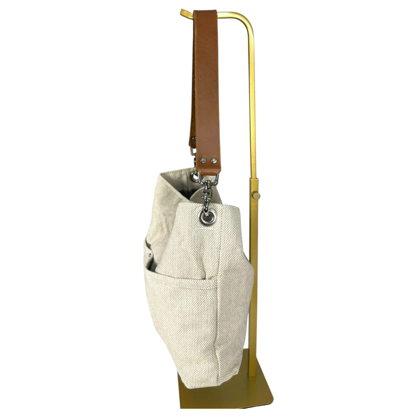 Independent Reign Woven Flax Bucket Bag Hobo Sand Beige Brown Leather Purse - Image 2