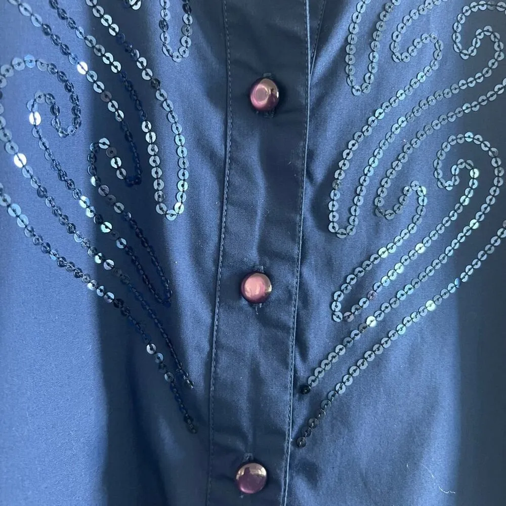 Bob Mackie Wearable Art Top Women L Blue Sequin Western ButtonUp Cowboy Rodeo - Image 7