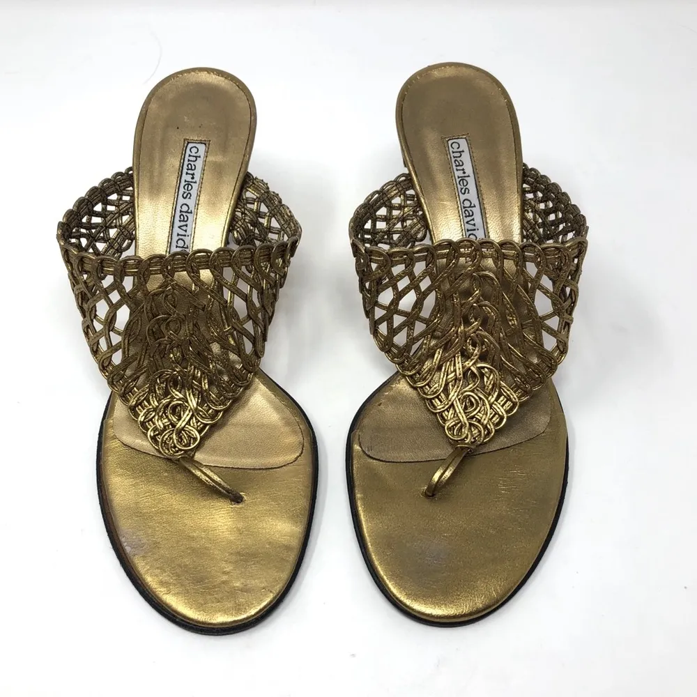 CHARLES DAVID metallic gold leather slides - Image 2