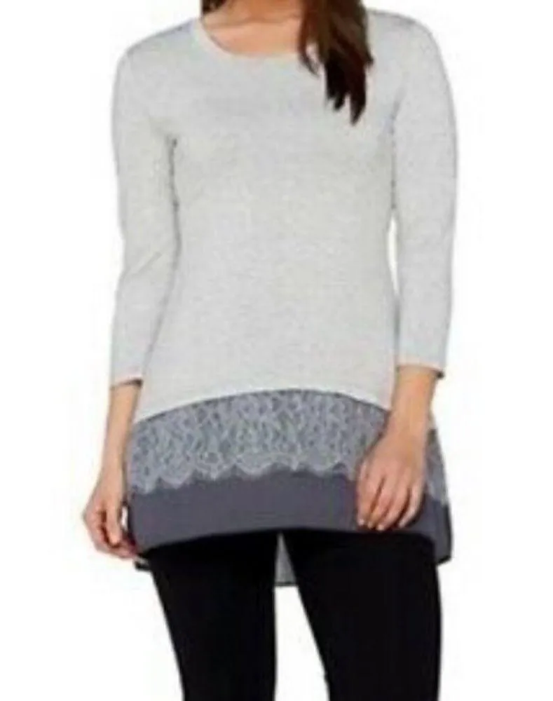 LOGO by Lori Goldstein Tunic Top Satin Lace Hem Grey Size Small Petite Lagenlook - Image 8