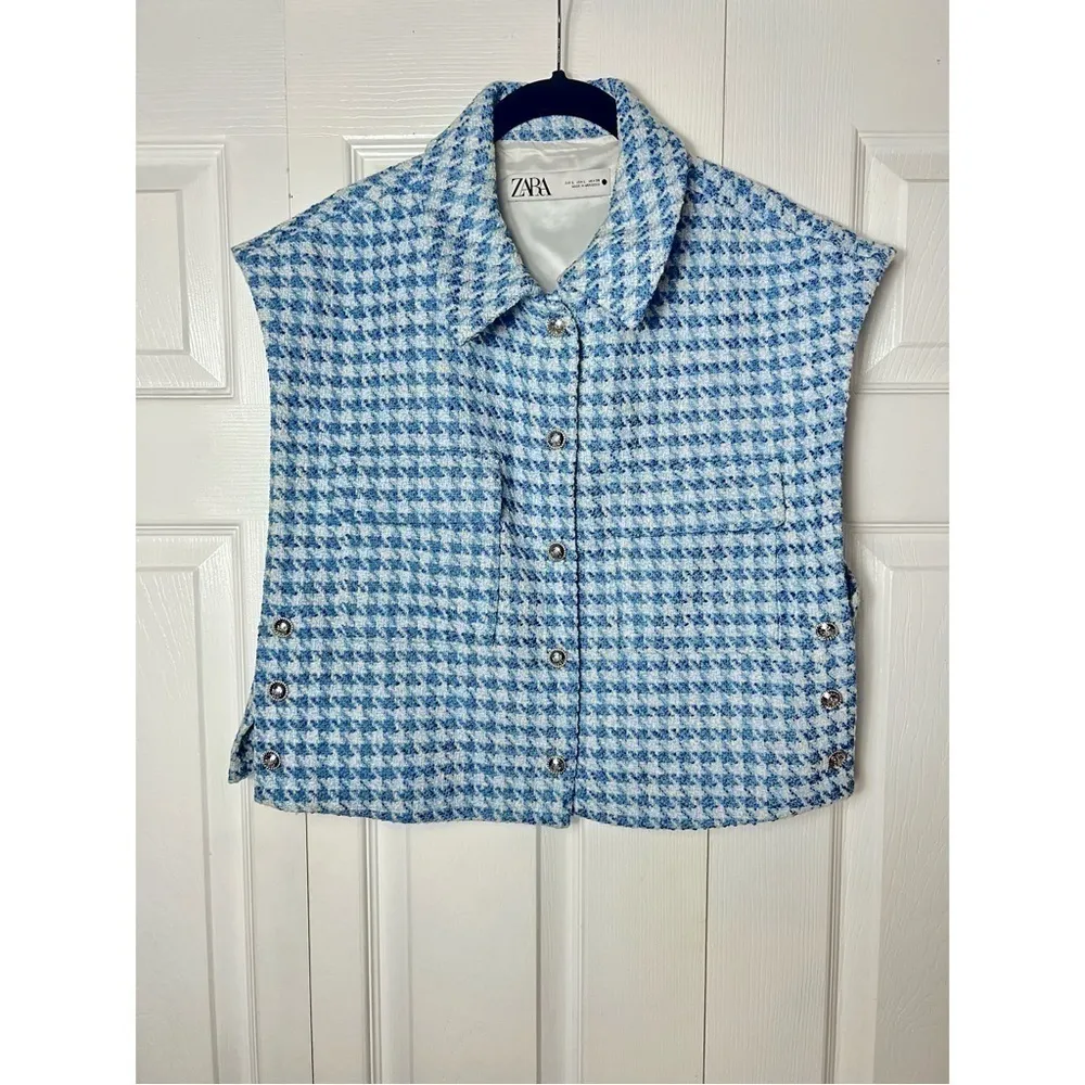 Zara Blue White Tweed Houndstooth Cropped Vest Jacket Size Large - Image 8