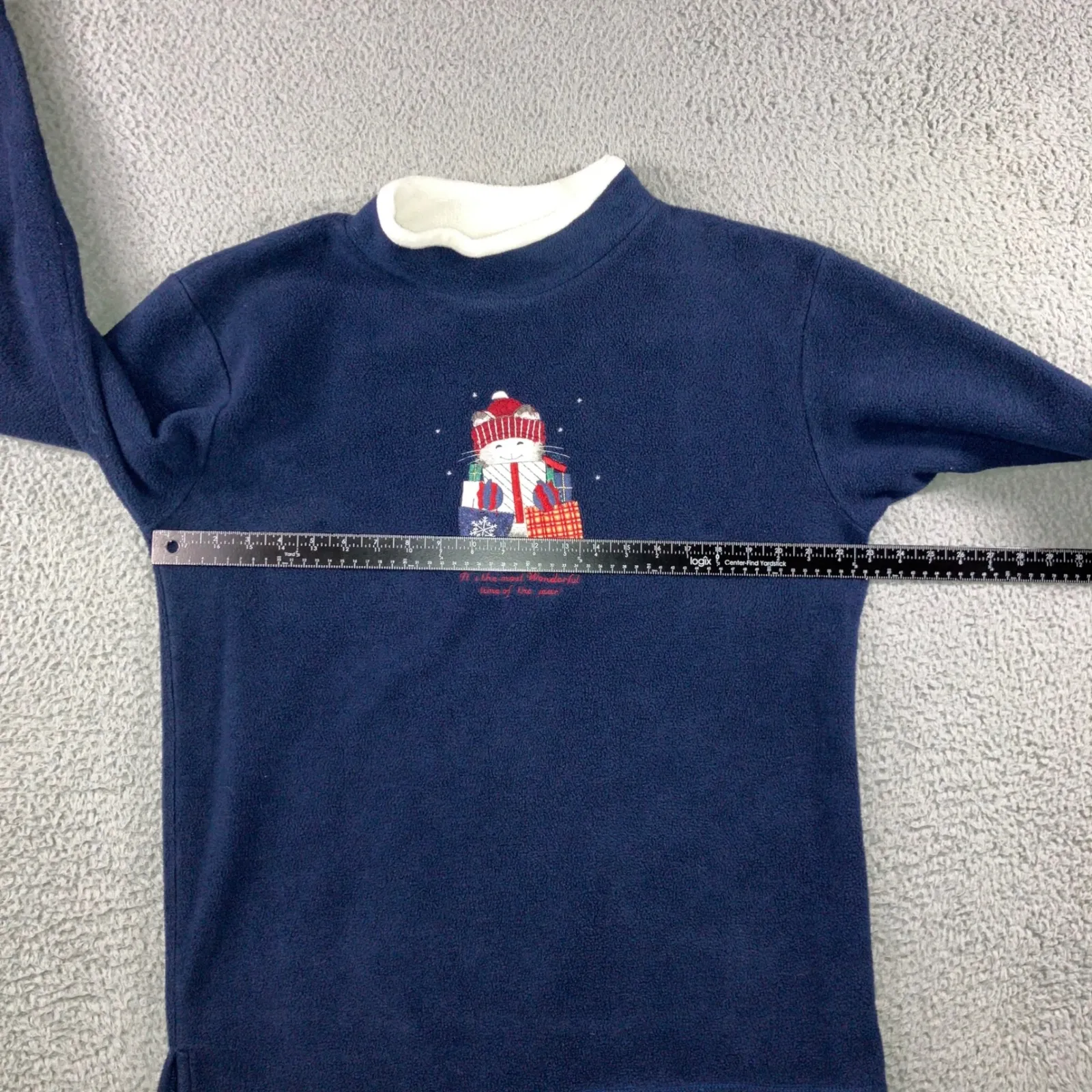 Vintage Christmas Cat Holiday Sweater Women Large Fleece Mock Neck Retro 80s 90s Blue - Image 4