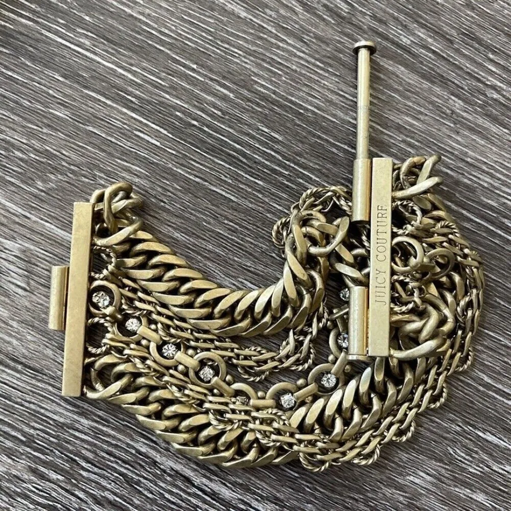 Vintage Juicy Couture Chunky Multi Chain Gold Tone Crystal Stone Bracelet 7” - Image 6