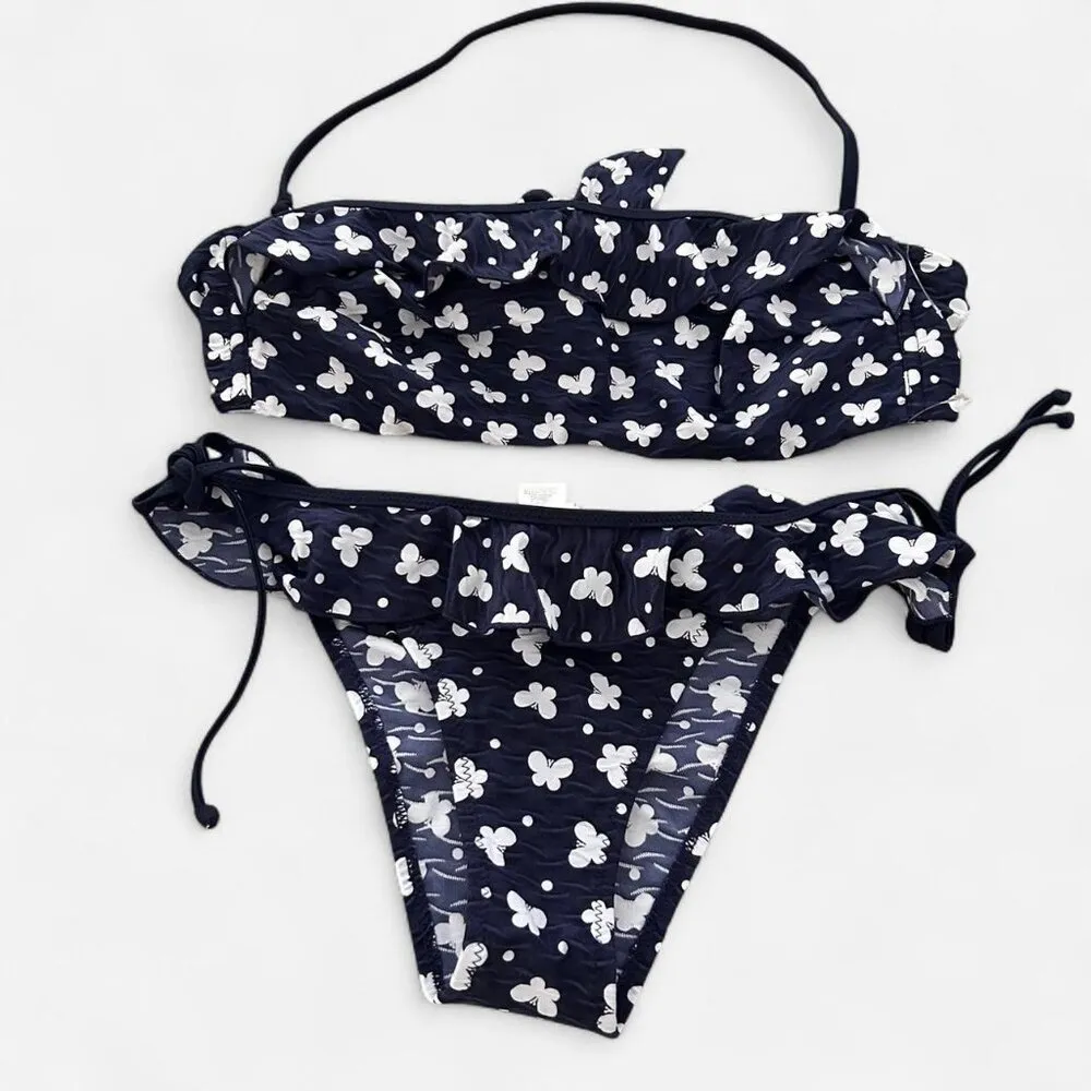 Navy white girly Cottagecore dainty polka dot butterfly ruffle tie halter bikini - Image 4