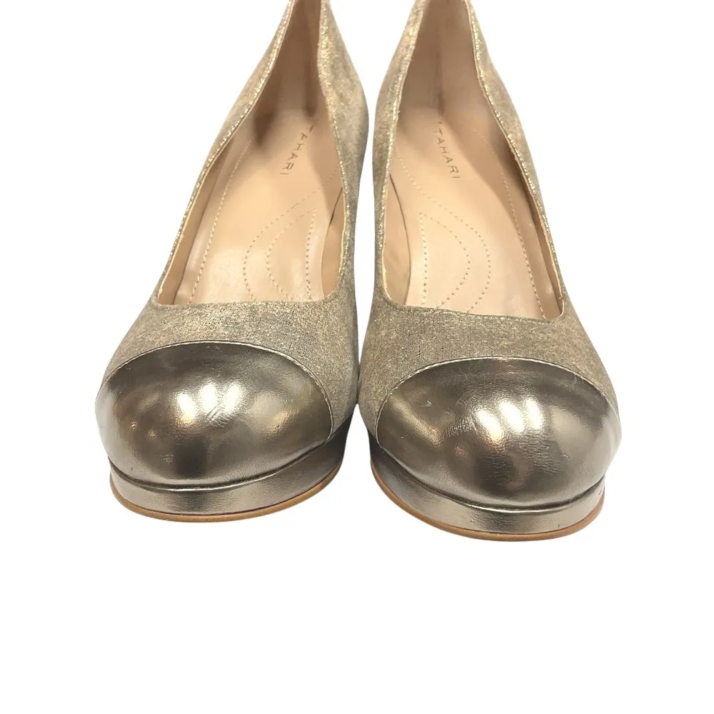 Tahari Women's‎ Laura Gold Cap Toe Leather Platform Pumps Heel Size  8.5M Party - Image 5