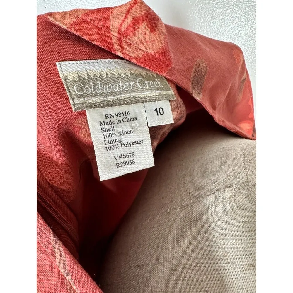 Vintage Coldwater Creek Dress 10 Linen Floral Women Zip Short Sleeve Rose Orange - Image 2
